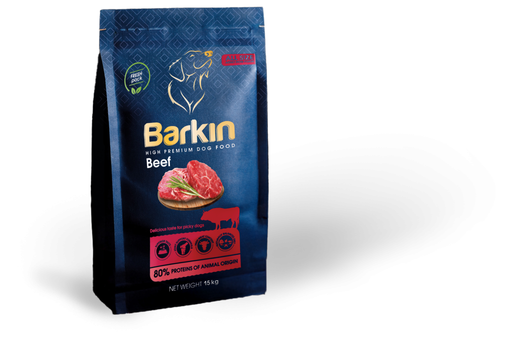Busta di croccantini per cani Barkin Beef, confezione blu scuro con accenti rossi.