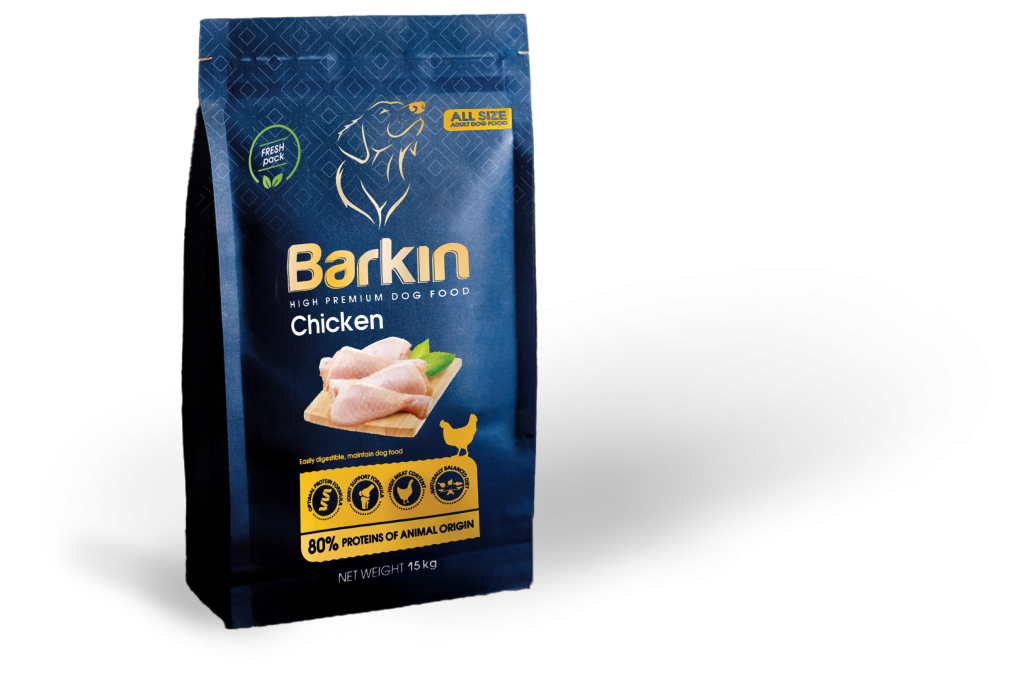 Busta di croccantini per cani Barkin Chicken, confezione blu scuro con accenti gialli.