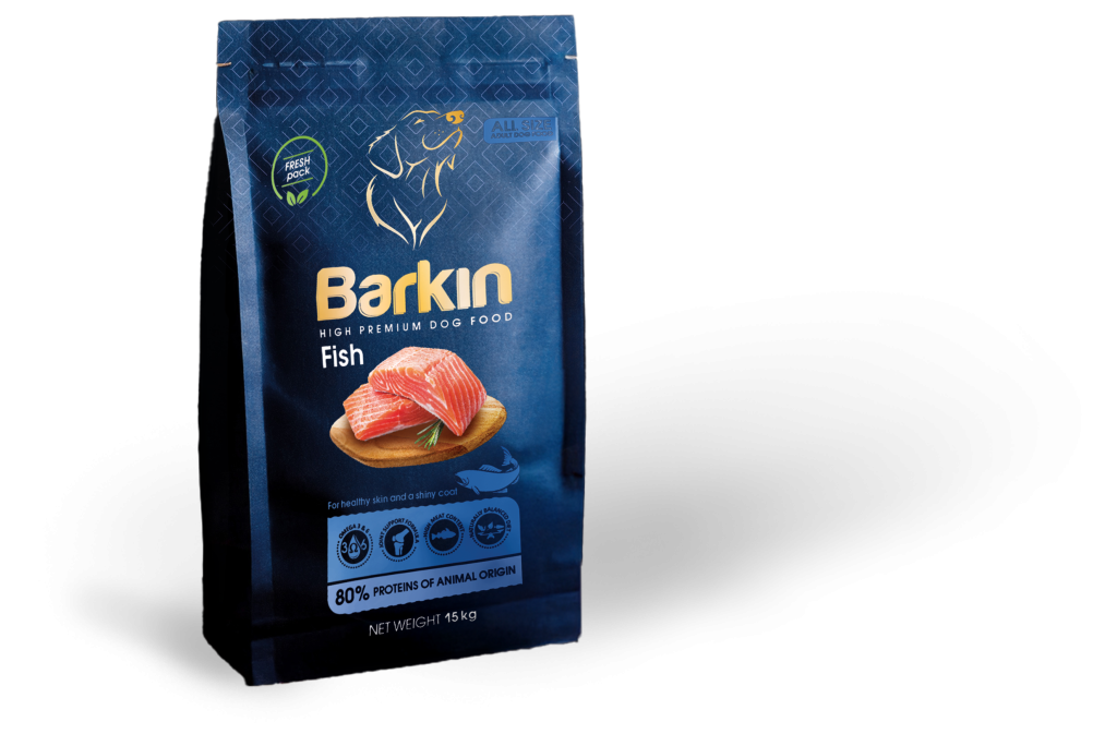 Busta di croccantini per cani Barkin Fish, confezione blu scuro con accenti azzurri.
