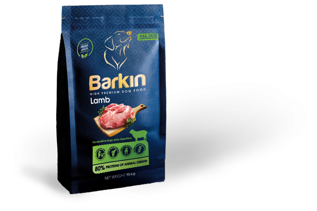 Busta di croccantini per cani Barkin Lamb, confezione blu scuro con accenti verdi.