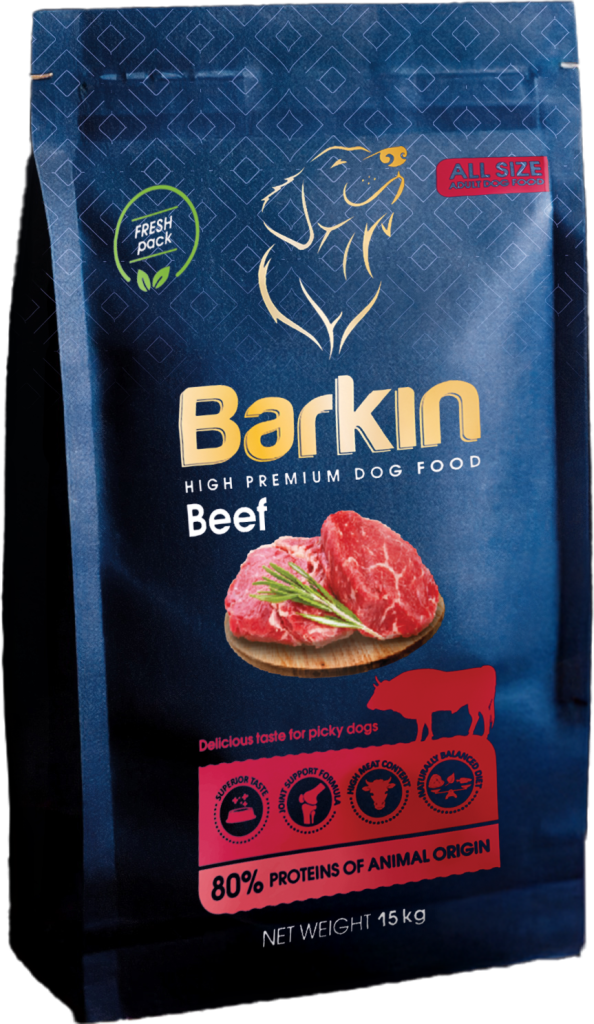 Busta di croccantini per cani Barkin Beef, confezione blu scuro con accenti rossi.