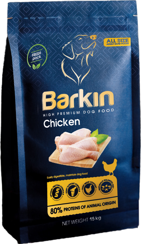 Busta di croccantini per cani Barkin Chicken, confezione blu scuro con accenti gialli.