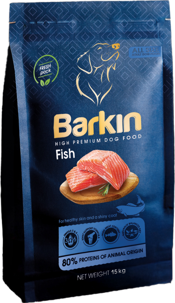 Busta di croccantini per cani Barkin Fish, confezione blu scuro con accenti azzurri.