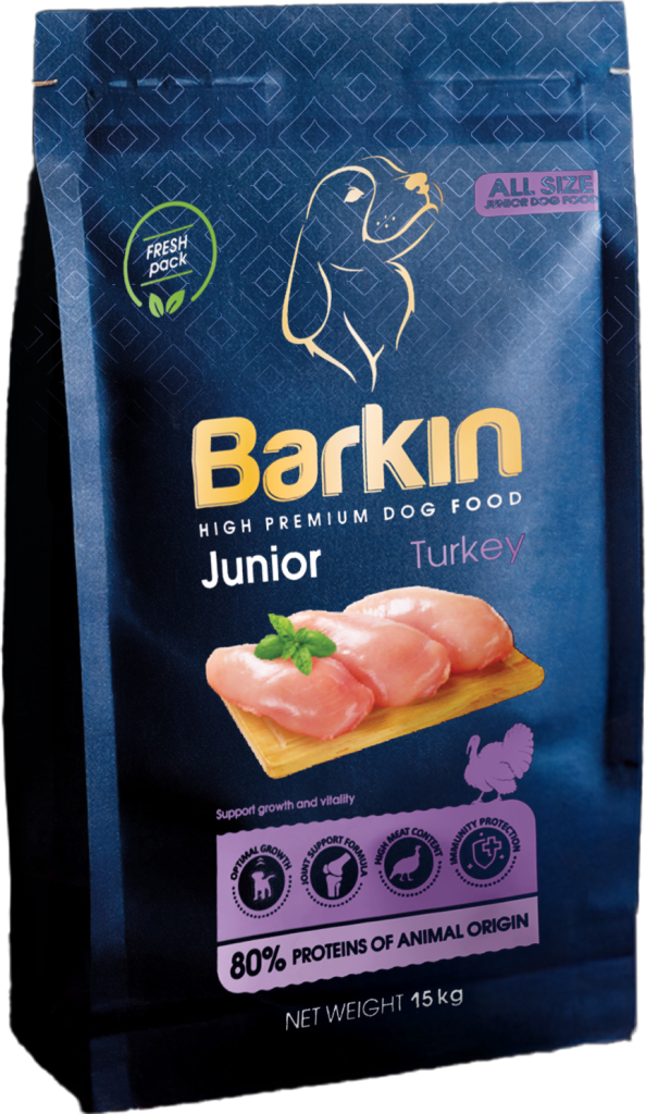 Busta di croccantini per cuccioli Barkin Junior Turkey, confezione blu scuro con accenti viola.