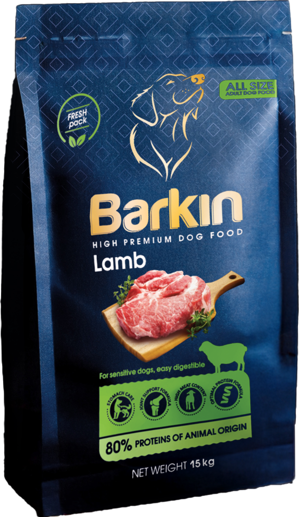 Busta di croccantini per cani Barkin Lamb, confezione blu scuro con accenti verdi.
