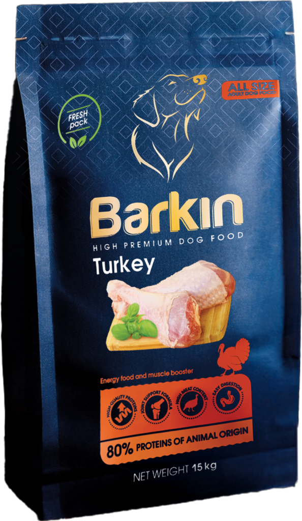 Busta di croccantini per cani Barkin Turkey, confezione blu scuro con accenti arancioni.