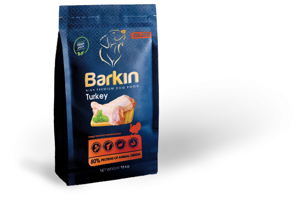 Busta di croccantini per cani Barkin Turkey, confezione blu scuro con accenti arancioni.