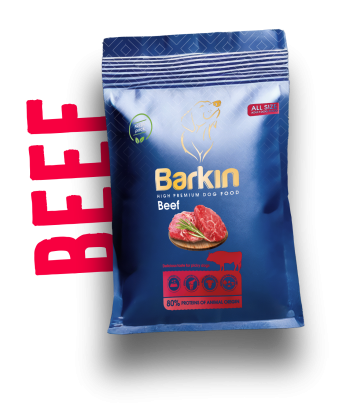 Busta di croccantini per cani Barkin Beef, confezione blu scuro con accenti rossi.