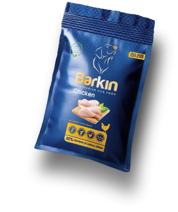 Busta di croccantini per cani Barkin Chicken, confezione blu scuro con accenti gialli.