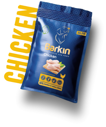 Busta di croccantini per cani Barkin Chicken, confezione blu scuro con accenti gialli.