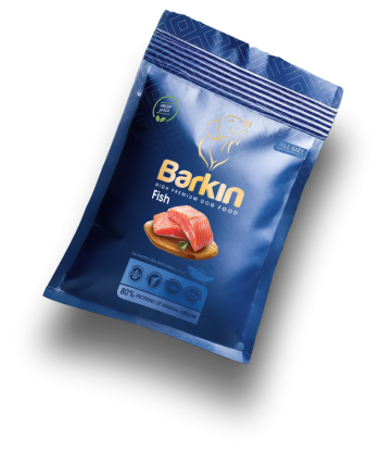 Busta di croccantini per cani Barkin Fish, confezione blu scuro con accenti azzurri.