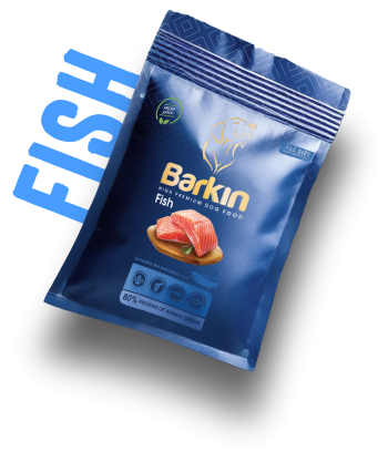 Busta di croccantini per cani Barkin Fish, confezione blu scuro con accenti azzurri.