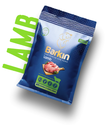 Busta di croccantini per cani Barkin Lamb, confezione blu scuro con accenti verdi.
